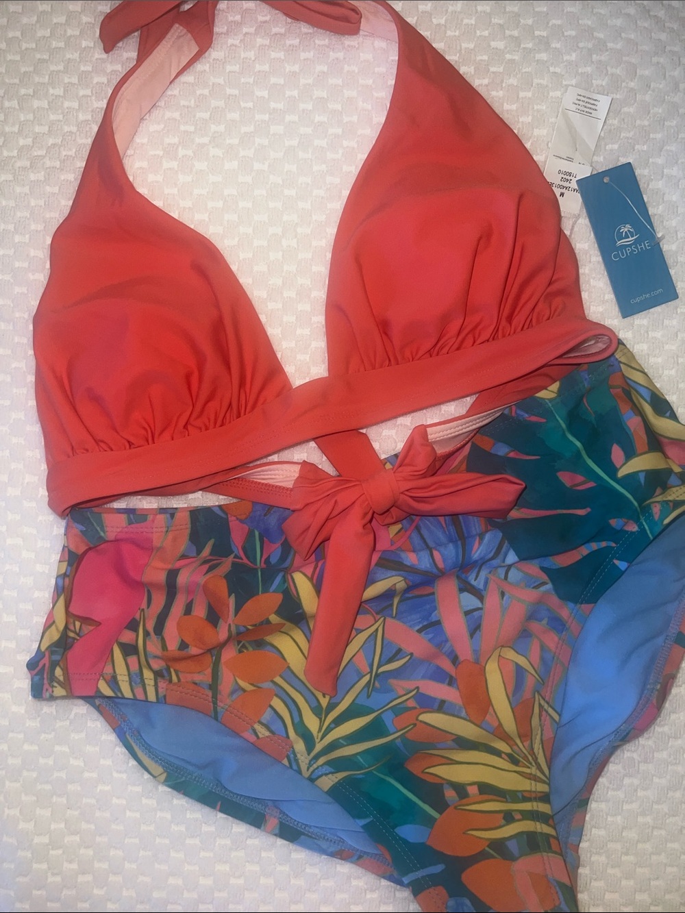Coral Halter Bikini Medium Top with Tropical Print Bottoms Medium B37